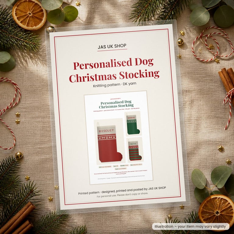 Printed Personalised Dog Christmas Stocking Knitting Pattern, Name Chart
