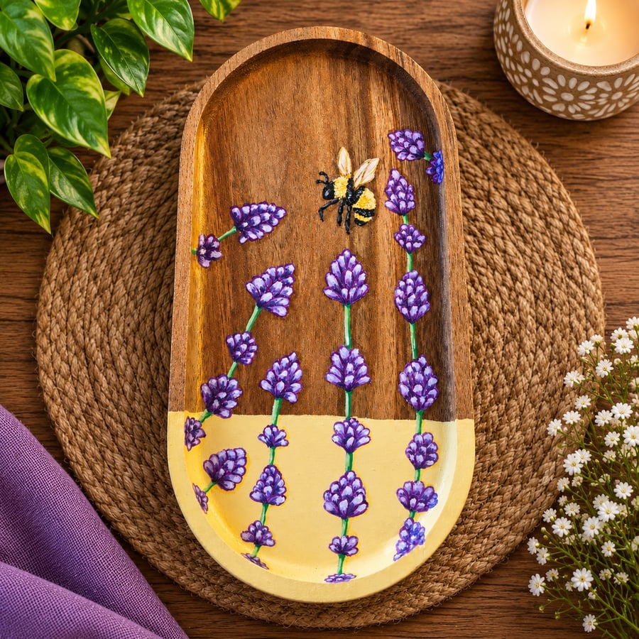 Lavender & Honeybee Hand-Painted Decorative Tray