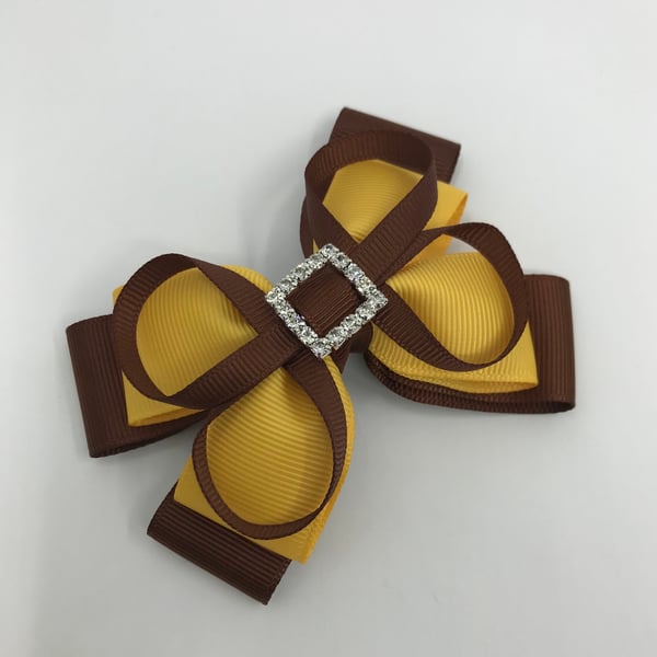 Brown and Yellow Gold Layer Bow with Brown Loops on Clip