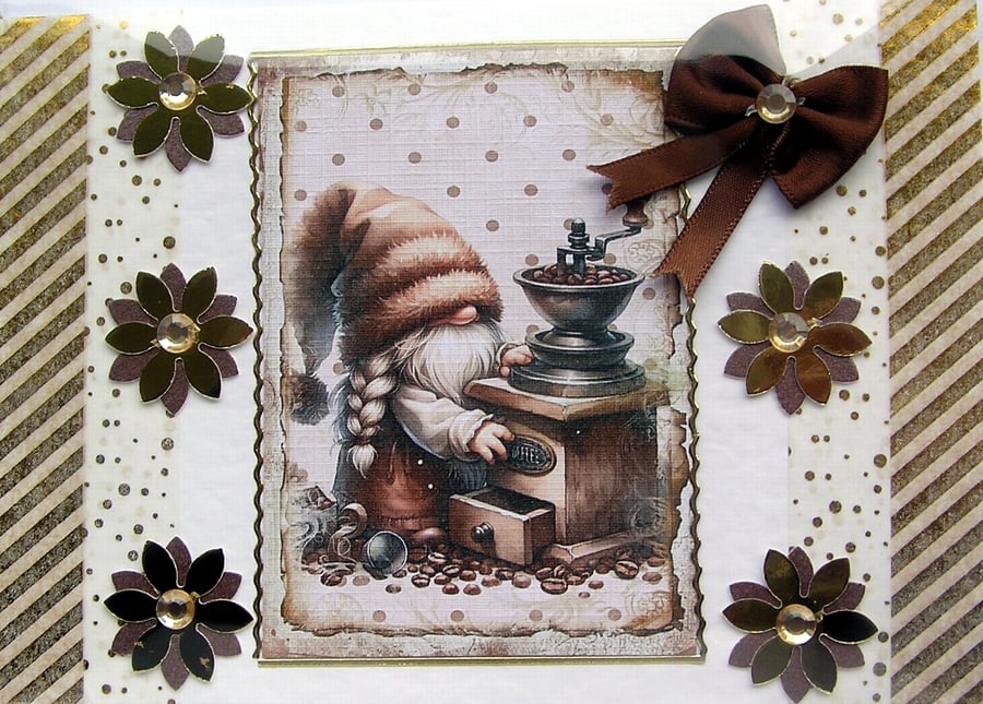 Coffee Barista Gnome - Hand Crafted Decoupage Greeting Card - Blank 2824
