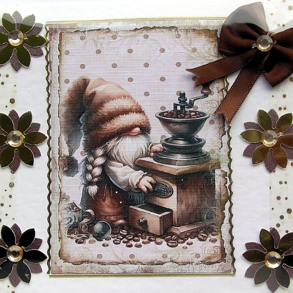 Coffee Barista Gnome - Hand Crafted Decoupage Greeting Card - Blank 2824