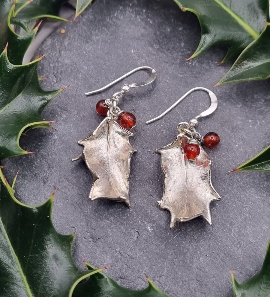 Real Holly leaves preserved in silver dangly earrings