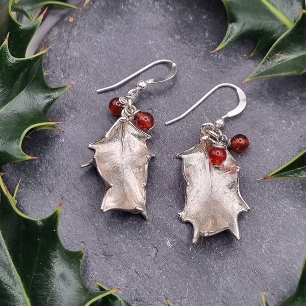 Real Holly leaves preserved in silver dangly earrings