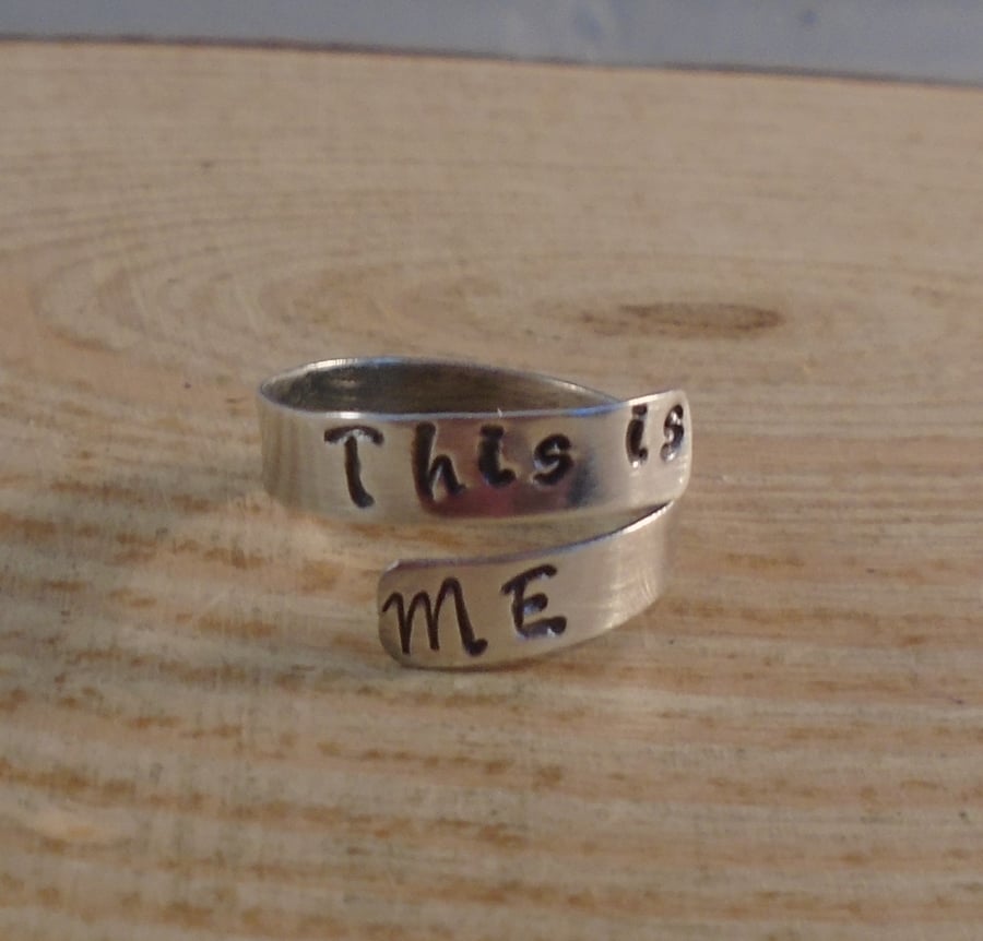 Sterling Silver Stamped 'This Is Me' Cross Over Adjustable Ring