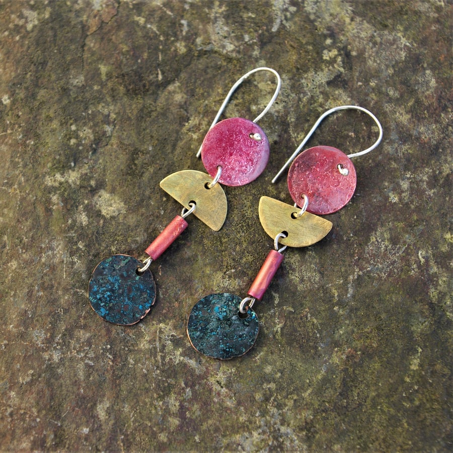 Red, Verdigris and Brass Geometric Statement Dangle Earrings