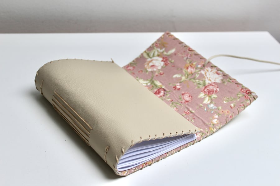 A5 Cream Leather notebook journal handmade with floral fabric lining