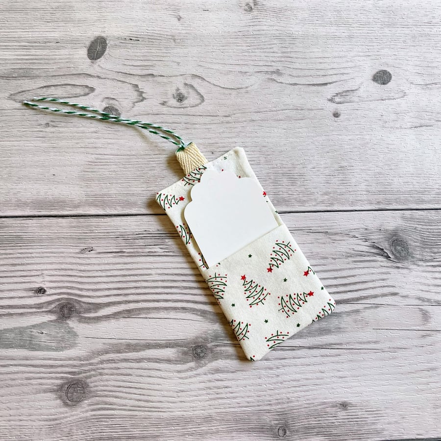 Christmas tree themed fabric gift tags with card.