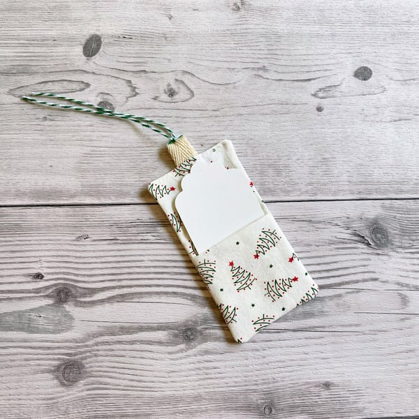 Christmas tree themed fabric gift tags with card.