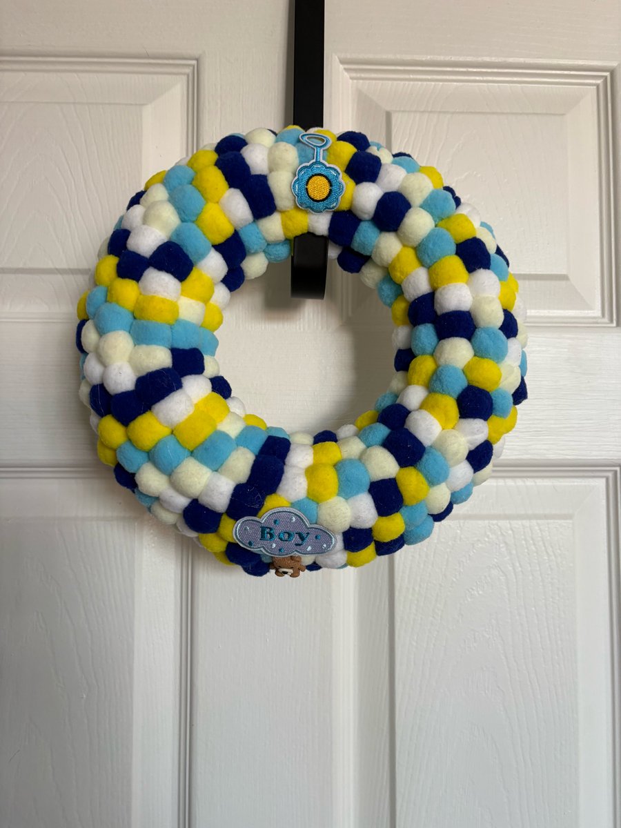 Baby boy shower Pom Pom wreath. 