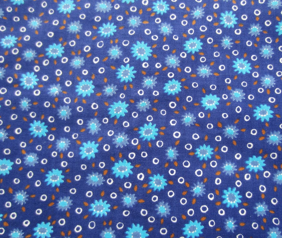 Unused Vintage Blue Floral Fabric Remnant. 35 x 60 inches.
