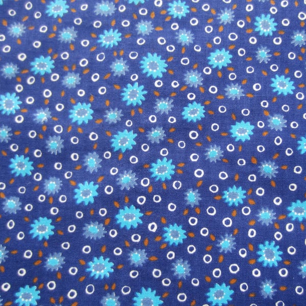 Unused Vintage Blue Floral Fabric Remnant. 35 x 60 inches.