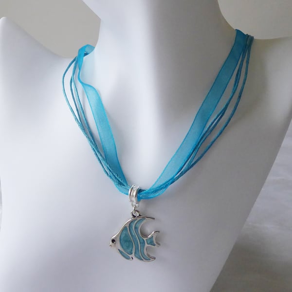 Blue Ribbon & Cord Adjustable Necklace with Blue Enamelled Angel Fish Pendant