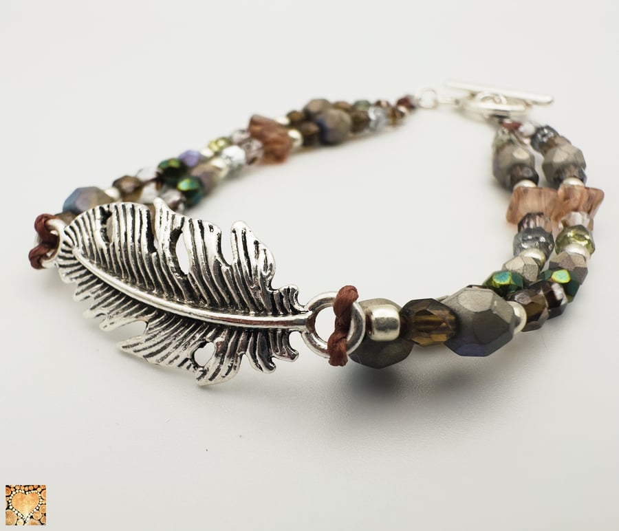 Silver Feather and Mixed Bead Bracelet with Toggle Fastening