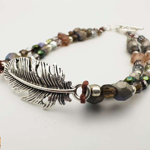 Silver Feather and Mixed Bead Bracelet with Toggle Fastening