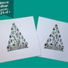  Pack of 2 hand printed Christmas tree cards with festive village scene, glitter