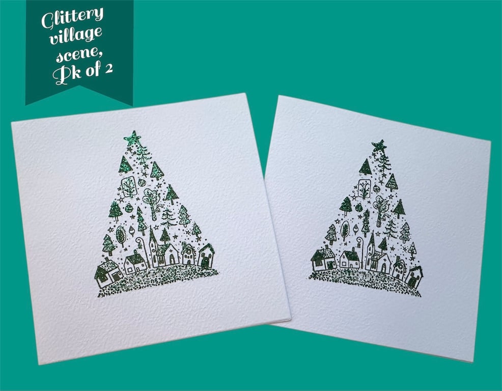  Pack of 2 hand printed Christmas tree cards with festive village scene, glitter