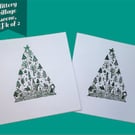  Pack of 2 hand printed Christmas tree cards with festive village scene, glitter