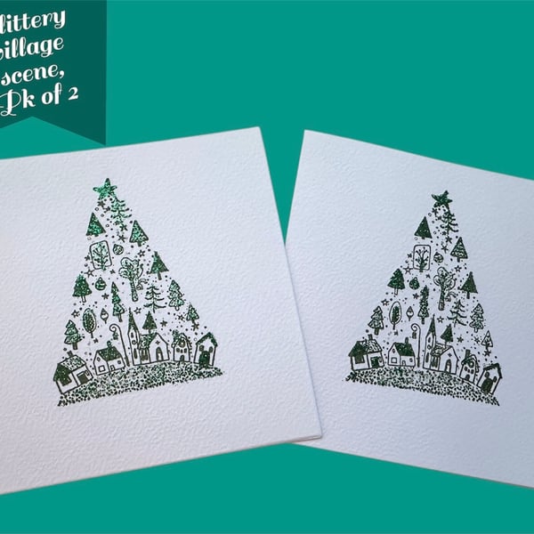  Pack of 2 hand printed Christmas tree cards with festive village scene, glitter