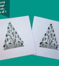  Pack of 2 hand printed Christmas tree cards with festive village scene, glitter