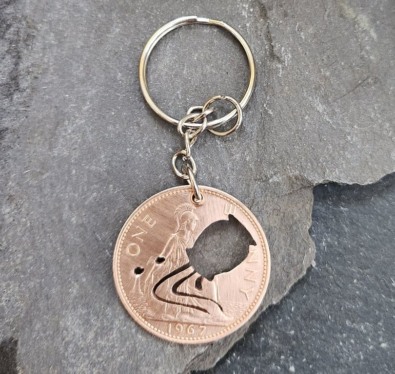 Aquarius symbol cut from penny coin as Keyring or Bag charm