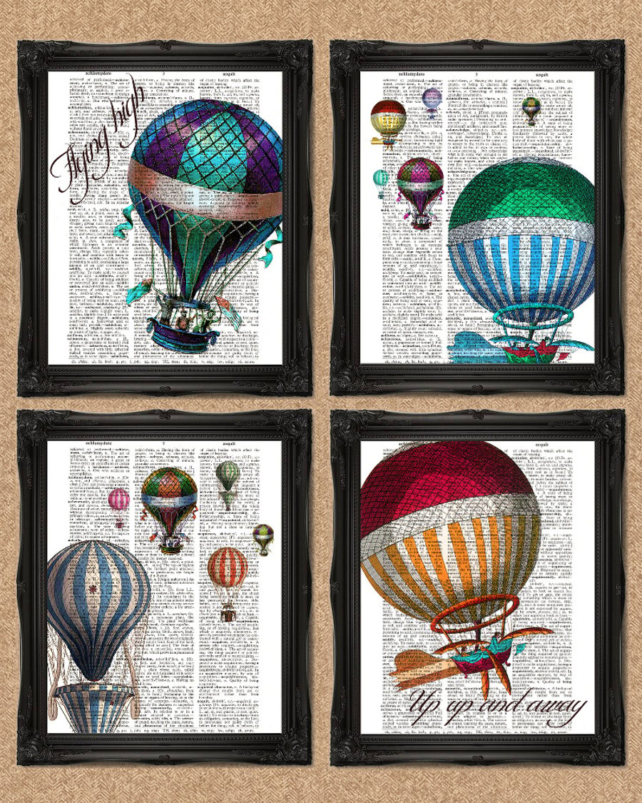 HOT AIR BALLOONS DICTIONARY PRINT  set of 4 colourful artworks A133D