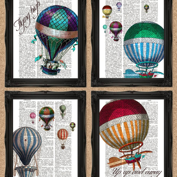 HOT AIR BALLOONS DICTIONARY PRINT  set of 4 colourful artworks A133D
