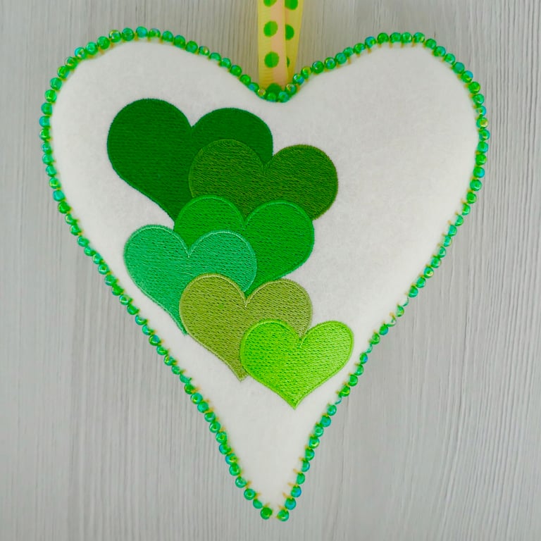 Beaded Felt Heart Decoration: Embroidered Green Hearts design 6.25” (16cm)
