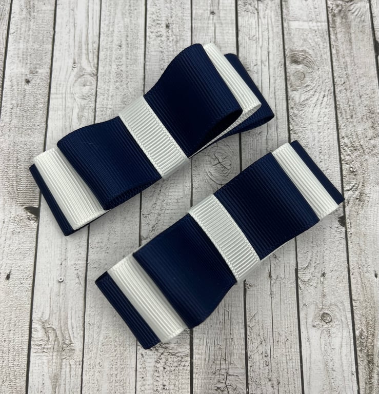 Navy and White 3 inch Straight Bows on Clips (pair)