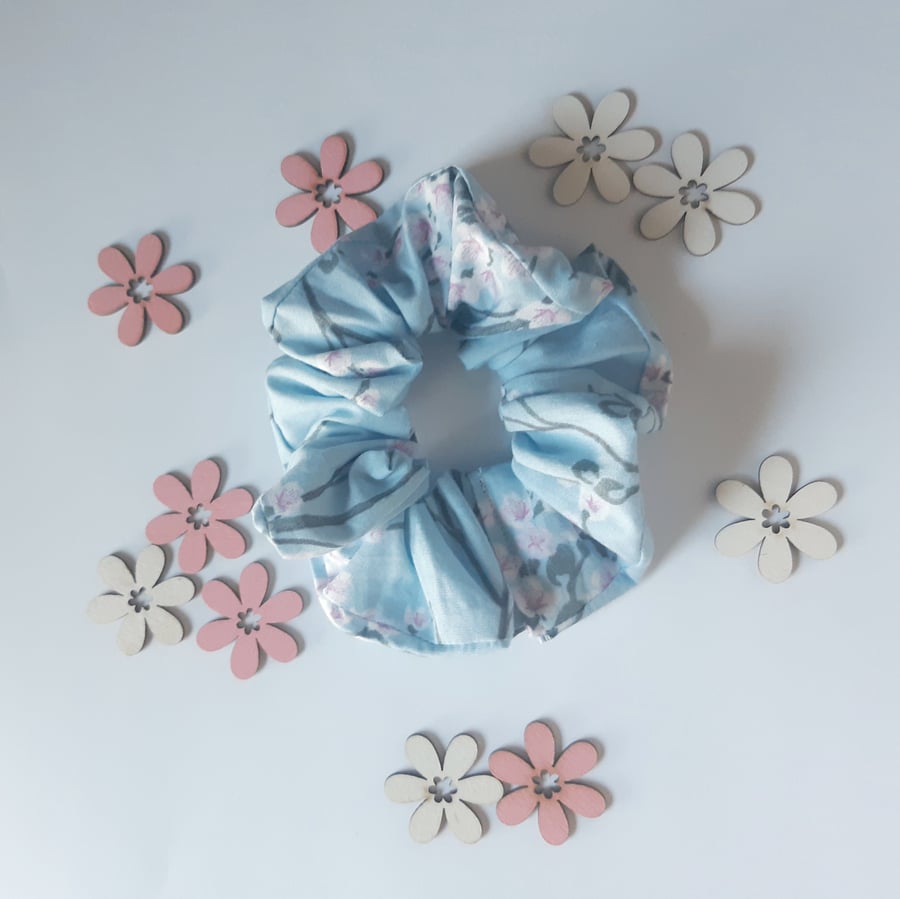 Cotton scrunchy, Handmade hair tie, Cherry blossoms print, Pale blue scrunchy