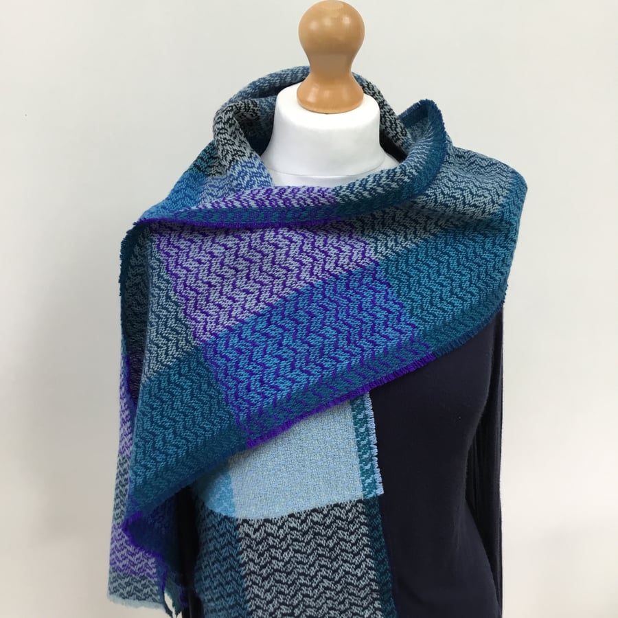 Handwoven scarf - woven with  turquoise, navy and blue lambswool