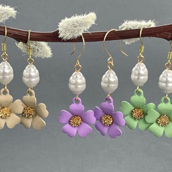 Daisy Shell Pearl Dainty Drop Earrings - Choice of Colour Beige, Green or Purple