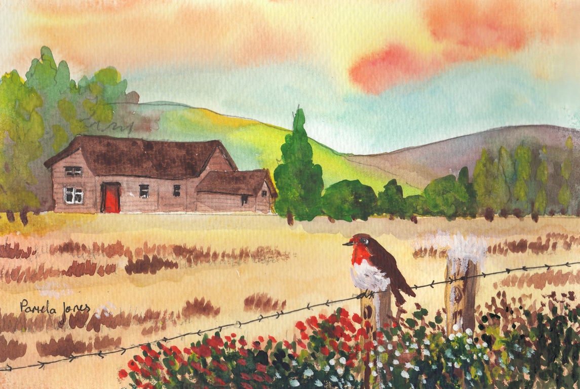 Robin's Morning Watch, Welsh Landscape, Watercolour, in 14 x 11 '' Mount