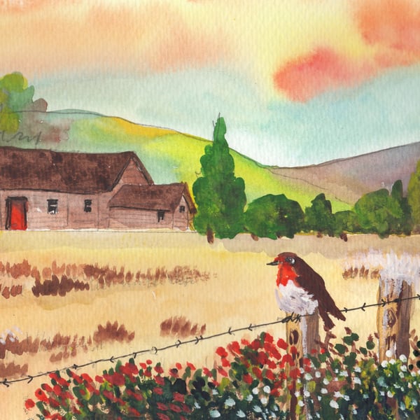 Robin's Morning Watch, Welsh Landscape, Watercolour, in 14 x 11 '' Mount