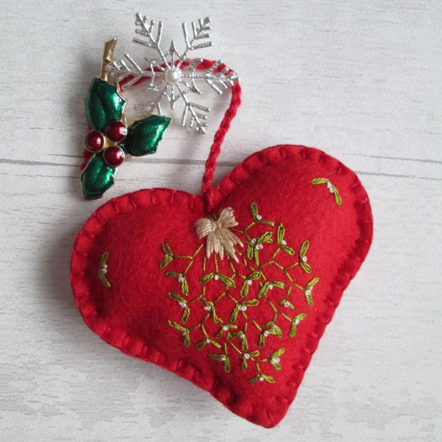 Hand Embroidered Festive Keepsake Heart Decoration - Mistletoe on Red