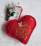 Hand Embroidered Festive Keepsake Heart Decoration - Mistletoe on Red - Image 1