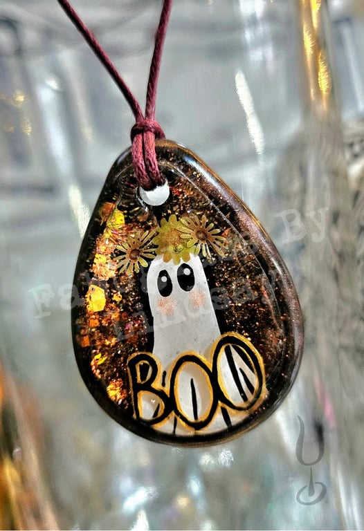 Handmade 'BOO' gold pendant -hand painted ghost with glitter set in resin. 