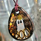 Handmade 'BOO' gold pendant -hand painted ghost with glitter set in resin. 