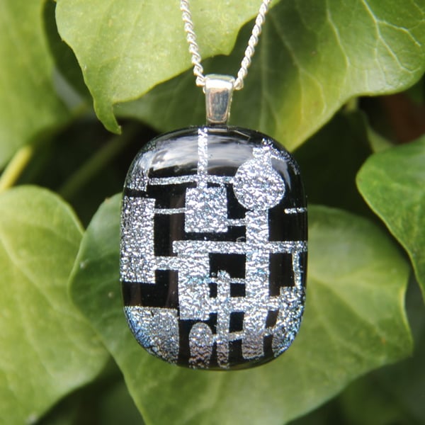 Silver patterned dichroic glass pendant, fused glass necklace F28