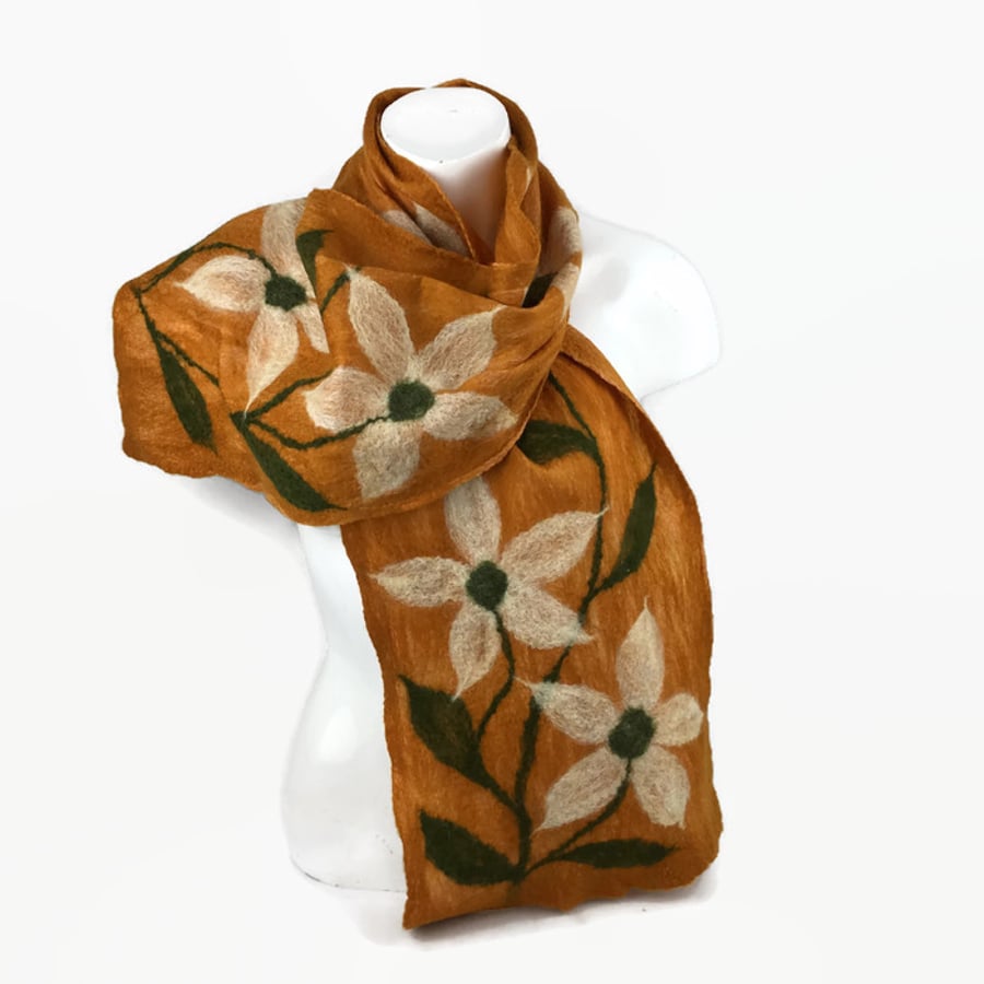 Merino wool scarf, nuno felted long scarf in amber with white flowers