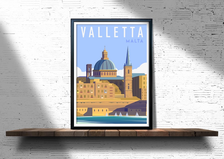 Valletta retro travel poster, Valletta wall print, Malta travel poster