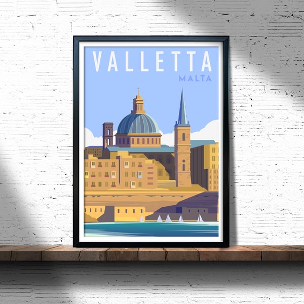 Valletta retro travel poster, Valletta wall print, Malta travel poster