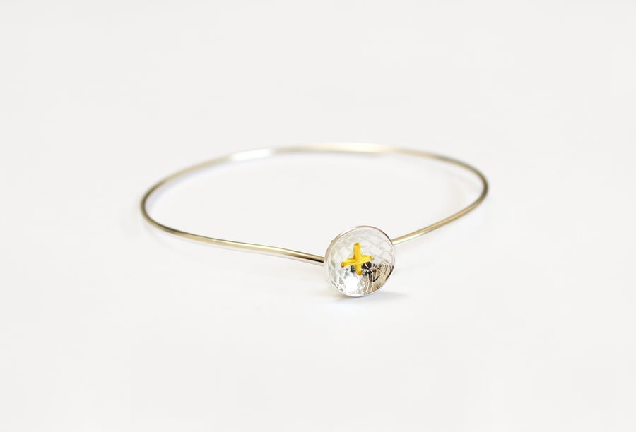 Silver button bangle, vintage lace texture