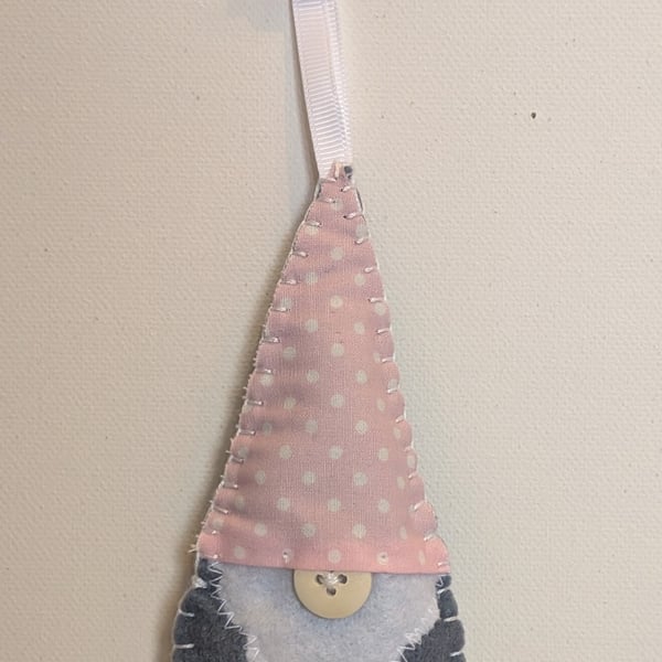 Handmade handstitched felt gonk - polka dot pink hat