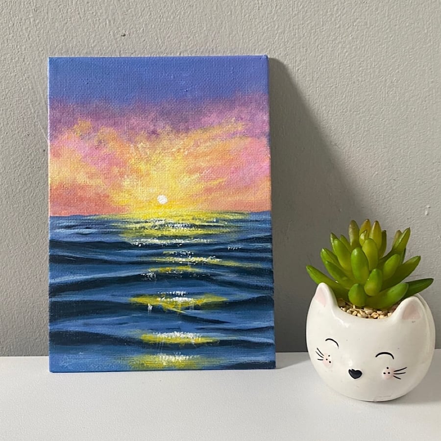 Acrylic sunset painting on canvas panel, seasca... Folksy