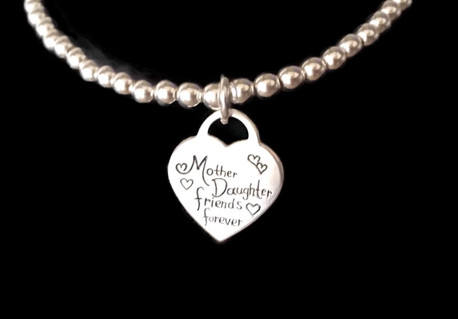Adjustable Mother & Daughter Sterling Silver Heart Charm Bracelet
