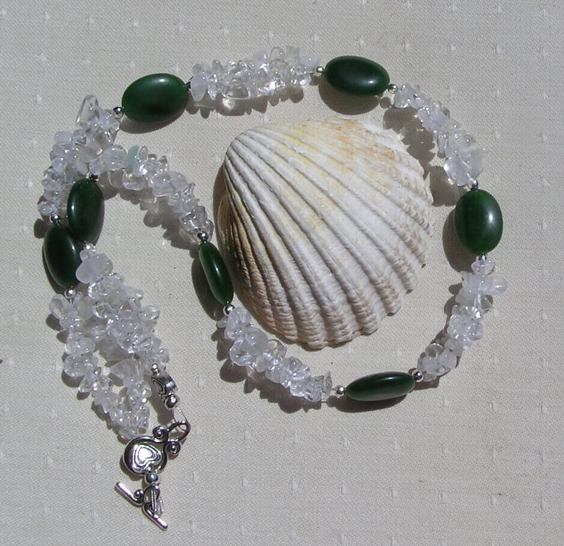 Clear Quartz & Nephrite Jade Gemstone Statement Necklace "Alpine Frost"