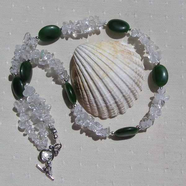 Clear Quartz & Nephrite Jade Gemstone Statement Necklace "Alpine Frost"