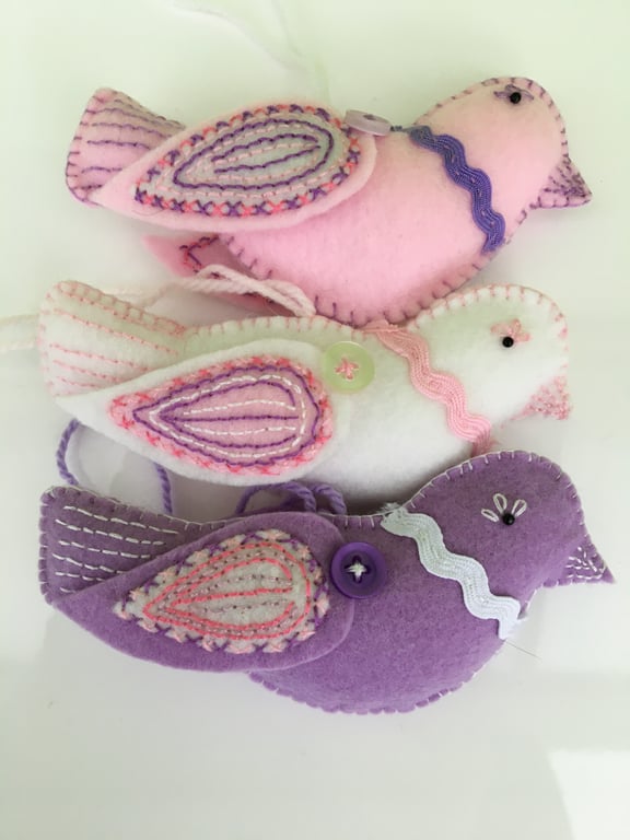 Three handmade felt embroidered Easter birds