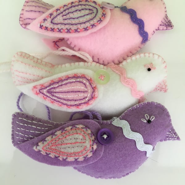 Three handmade felt embroidered Easter birds