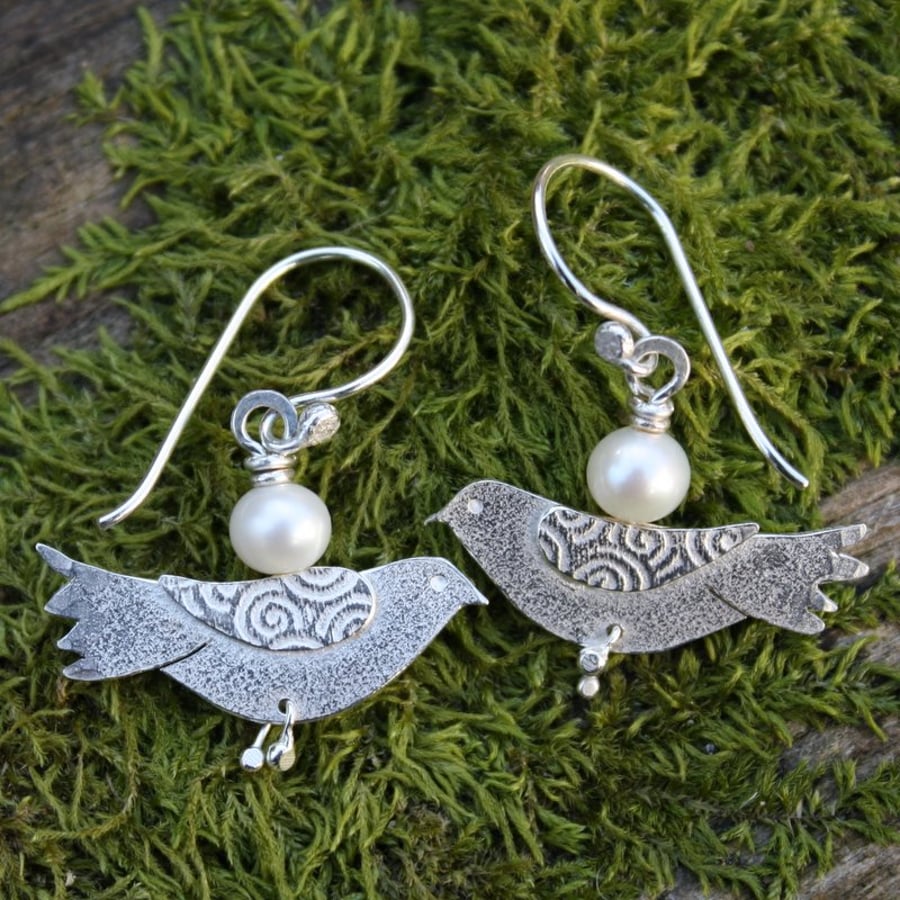 Doves, silver and pearl earrings